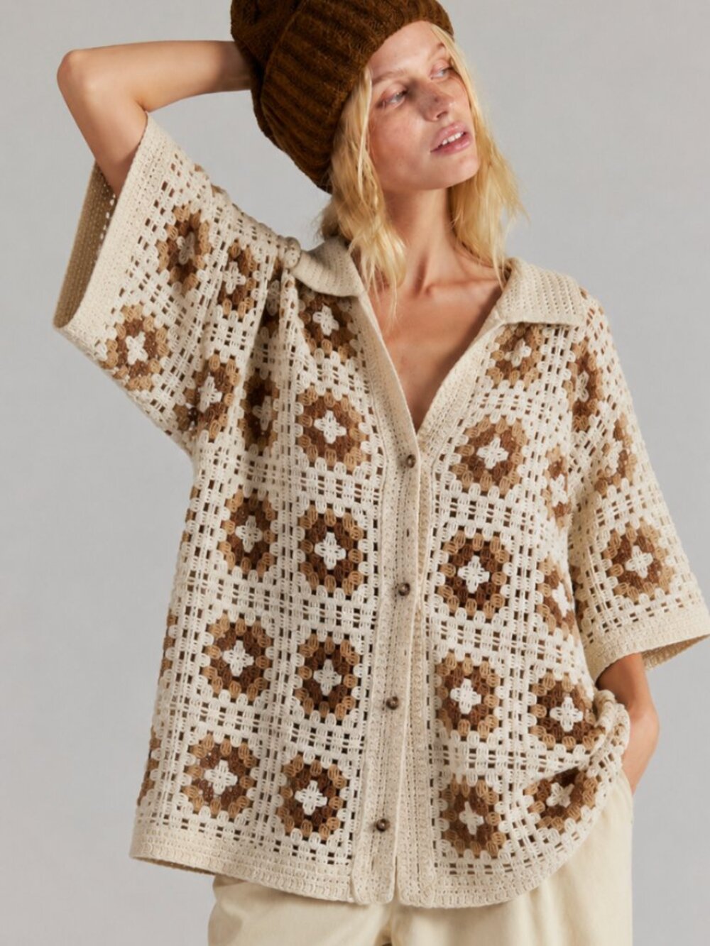 BOUTIQUE HIPPEE HARVEST/URBAN CHILL GRANNY SQUARE OVERSIZED SWEATER KNIT SHIRT